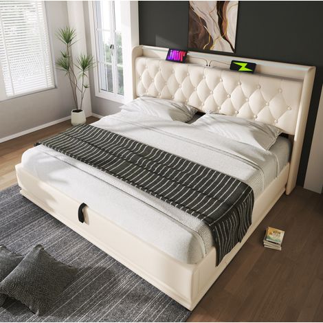 Lit double 140x200 cm blanc en PU avec éclairage LED, rangement hydraulique et port USB (1/5)