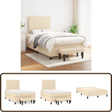 Sommier à lattes de lit avec matelas Crème 120x200 cm Tissu - Lit Plateforme - Lit Double - Matelas Ressorts Ensachés - Têtière Ajustable - Banc Rangement