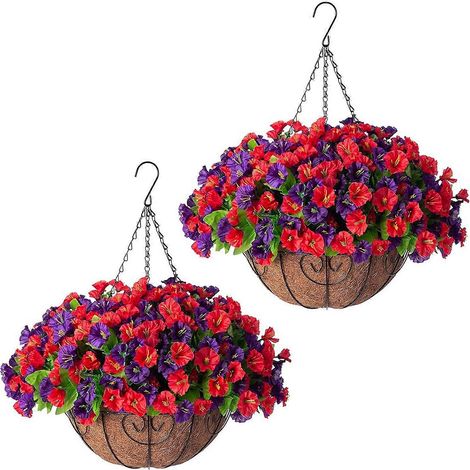 Fleurs artificielles suspendues avec panier – Résistantes aux UV – pour porche ou terrasse – Lot de 2 (1/5)