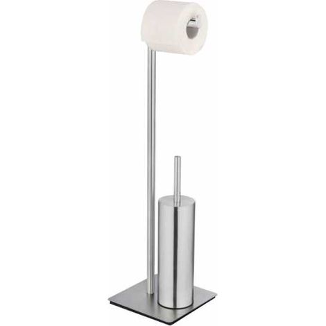 WENKO Kit di accessori per WC a terra Recco, porta-spazzola WC e distributore di carta igienica in acciaio inossidabile satinato su una pesante piastra per una buona stabilità, spazzola WC con testa i (1/5)