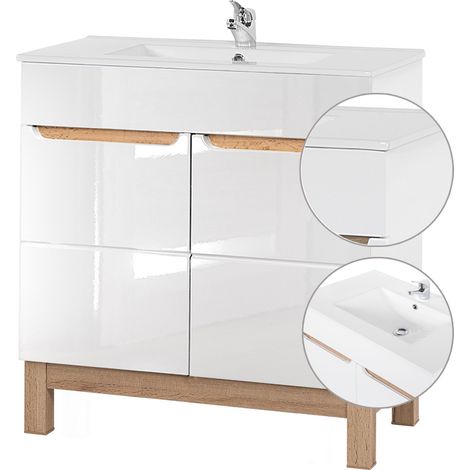 Waschtisch inkl. 81 cm Keramikbecken SOLNA-56 Hochglanz weiß mit Wotaneiche, B x H x T ca. 81 x 85 x 46cm (1/5)