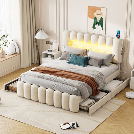 Letto imbottito moderno 160x200 cm in velluto beige con testiera regolabile, 4 cassetti, LED, USB e altoparlanti (1/5)