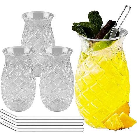 Pineapple Embossed Transparent Cocktail Glass Pineapple Glasses with Straws Vintage Pineapple Shaped Cocktail Glasses Heat Resistant 480ml for Family Camping Party Bar (1/4)