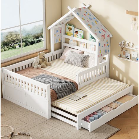 Hausbett 140x200 cm weiß aus MDF, Kiefernholz und Sperrholz mit Ausziehbett, 3 Schubladen und Schutzgittern (1/5)