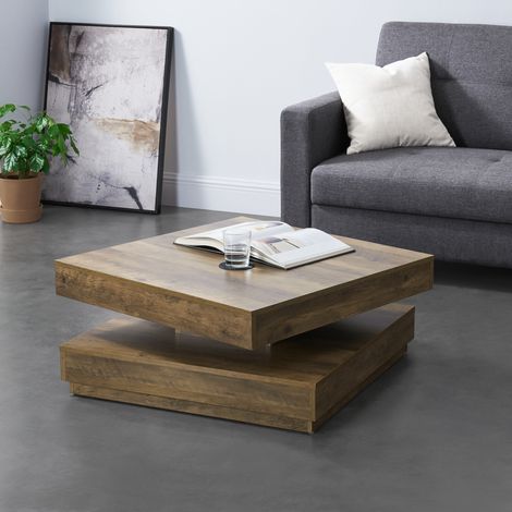 [En.Casa] – Table basse carrée effet bois 76 x 76 x 38 cm – Plateau pivotant – Étagère inférieure pour rangement – Montage rapide