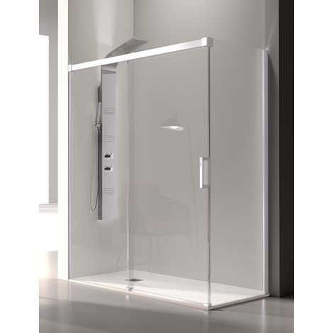 Mampara de Ducha Angular- 2 Hojas Fijas y 1 Puerta Corredera- Cristal de Seguridad de 6/8 mm - Modelo Glase Q3 BN (136 - 140 x70 cm) - LACADO BLANCO (1/2)