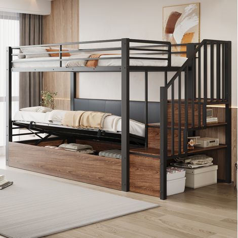 Letto a soppalco 90 x 200 cm con scala contenitore, schienale PU, metallo, nero (1/5)