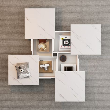 Table basse carrée blanche moderne avec effet marbre,90 x 90 x 25 cm – Quatre tiroirs,plateau coulissant,chargeable jusqu’à 30 kg