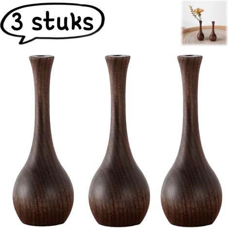 Ensemble de 3 mini-vases - Vase en bois massif de noyer noir avec diffuseur - Composition florale séchée vintage pour la table - Noir et marron (1/5)