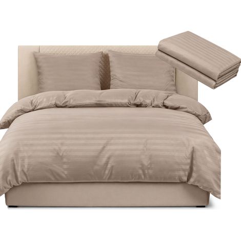 Juego de sábanas de hotel con estampado damasco a rayas de 200x220 cm + sábana bajera ajustable color capuchino, beige. (1/5)