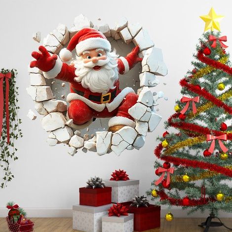 Effetto 3D di Babbo Natale che sfonda il muro, adesivo murale autoadesivo, decorazione per la casa (30 x 30 cm), 2 fogli (1/4)