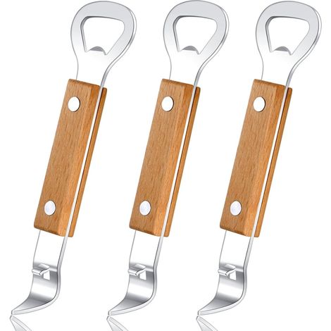 Ouvre-Boîtes - Acier Inoxydable - Manche Bois - Double Tête - Pour Canettes et Bocaux - Lot de 3