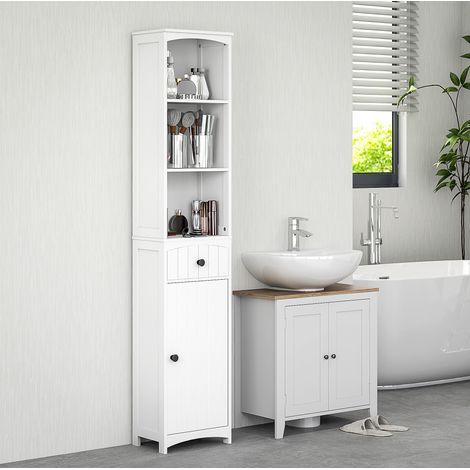 Mueble de baño alto 34 x 24 x 170,5 cm con 3 estantes, 1 cajón y 1 armario blanco DESVIAE (1/5)