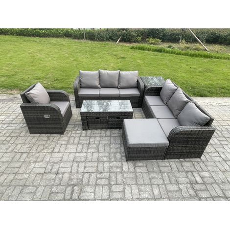 Fimous 10 places Ensemble de canapés en rotin Salon de jardin avec Table basse rectangulaire 3 Tabourets Canapé 3 places Table d'appoint Gris foncé mixte (1/5)