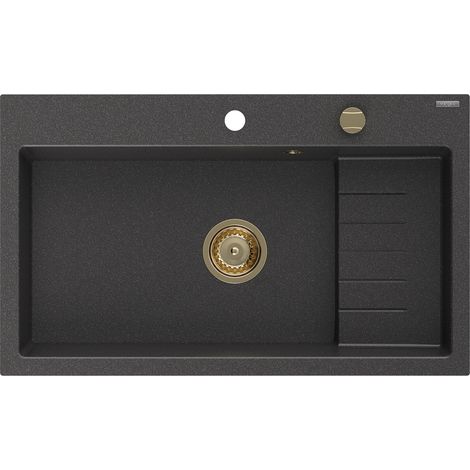 Mexen Omar fregadero de granito 1-cubeta 800 x 480 mm, negro moteado, sifón dorado - 6520801005-76-G (1/5)