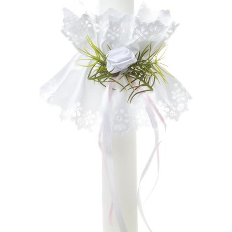 Decoración de vela con cinta rosa y rosa blanca.