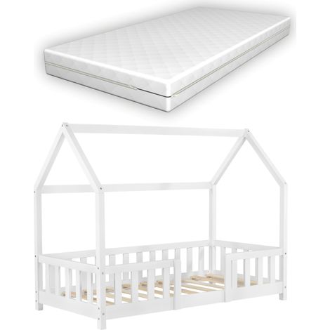 Letto per bambini cabina House con materasso barriera e rete a doghe in legno di pino bianco 80 x 160 cm 030005482
