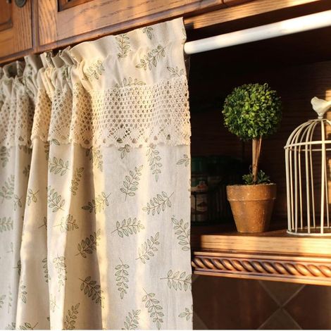 Short kitchen curtains for small windows, cafe curtains made of cotton and linen, green leaves, beige, opaque, vintage country style, half curtain (140 cm wide x 70 cm high) (1/5)