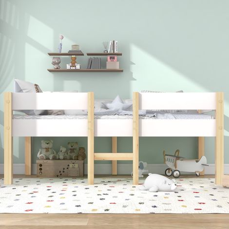Lit enfant mi-hauteur 90x190 cm en bois massif de pin, lit surélevé avec barrière de sécurité, sommier à lattes inclus, sans matelas, blanc et chêne (1/5)