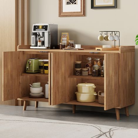 Aparador mueble auxiliar 140x40x84 cm con 4 puertas, estantes regulables, MDF, natural (1/5)