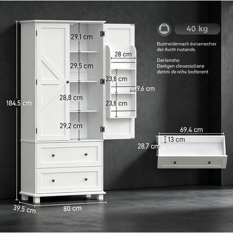 Buffet de cuisine 2 portes 2 tiroirs MDF blanc avec étagères réglables (1/5)