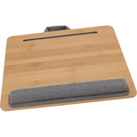 Tablette multifonction en bambou avec coussin pour ordinateur portable, idéale pour lire, écrire ou jouer. Fonction support pour ordinateur portable et tablette de lit. (1/5)