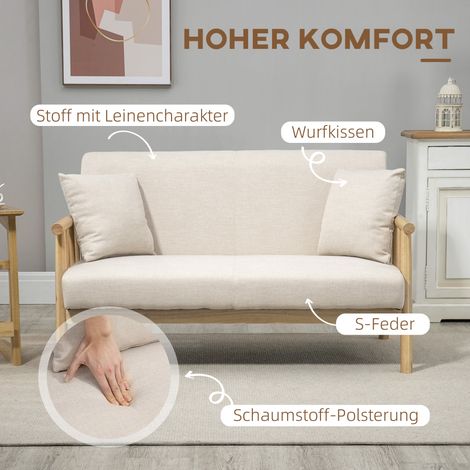 Canapé 2 places beige, housse en lin, compact, charge max 200 kg, cadre bois, 123x69x74 cm (1/4)