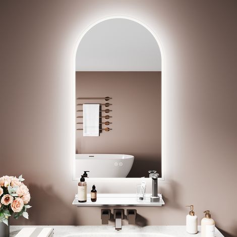 SIRHONA Miroir lumineux de salle de bain avec étagère éclairée - Miroir Salle de Bain Arqué avec 3 Températures de Couleur, Anti-Buée, Mémoire et Prise Intégrée, 90x50 cm (1/5)