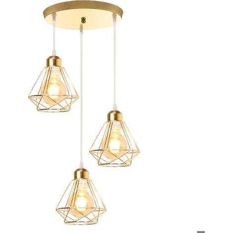 3lampes Moderne Suspension Luminaire,Lampe de Plafond Industriel en Métal E27 Lustre Vintage Design Cage Abat-jour Rétro,Or (1/5)