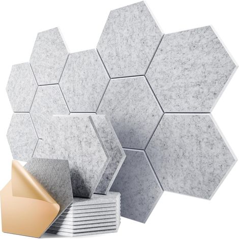 Lot de 12 panneaux acoustiques autocollants – Diamètre 36 cm – Design hexagonal élégant – Résistant au feu – (gris) (1/5)