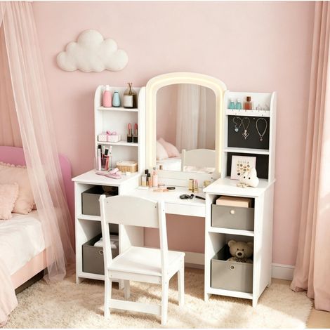 Coiffeuse enfant 104x40x112 cm MDF blanc avec miroir LED et rangement, pour chambre – MEUBLIV (1/5)