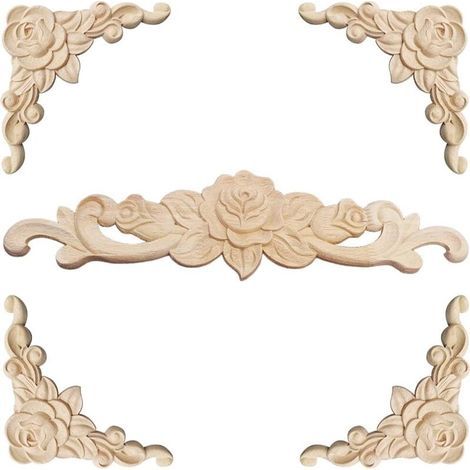 Decorative Wood Molding 5 Pieces Wood Carving Decorative Wood Molding Applique Decorative Rosette Floral Wood Carved Decal Decorative Corner Carved for Furniture Decoration