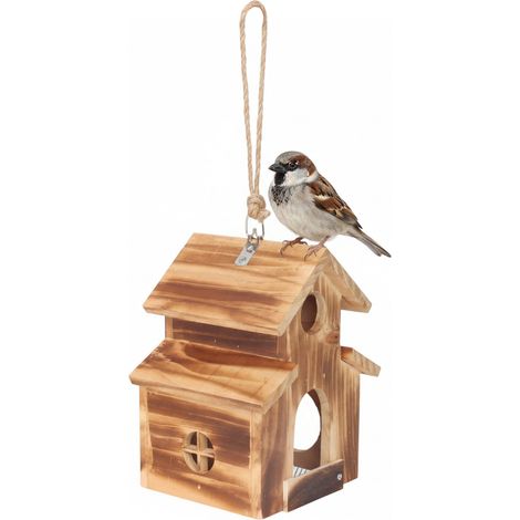 Relaxdays Vogelhaus, geflammtes Holz, zum Aufhängen, HxBxT: 21 x 16,5 x 14,5 cm, Garten & Balkon, Vogelfutterhaus, braun