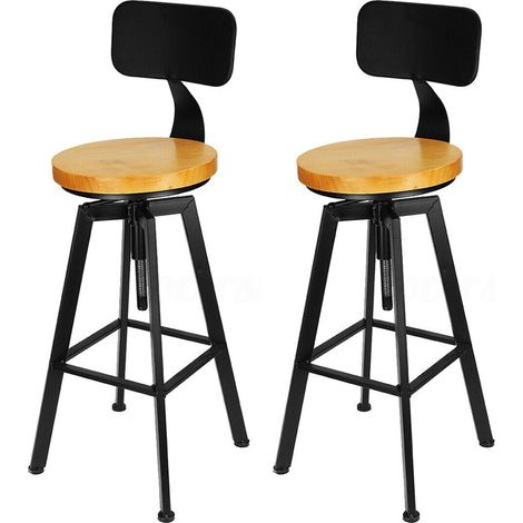 Lot de 2 Tabourets de Bar Réglables (64-84 cm) - En Cuir, Métal et Bois - Rond, Style Bistro et Comptoir (1/5)