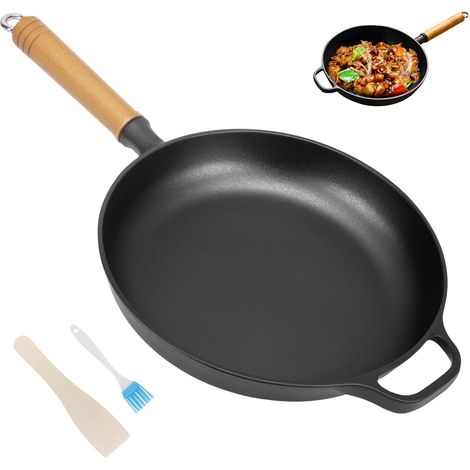 Sartén de inducción de hierro fundido - 27 cm - Apta para todo tipo de cocinas - Con doble asa - Mango de madera maciza - Larga vida útil (1/5)