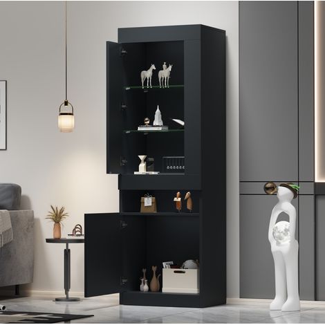 Vitrine 50x40x180 cm en panneaux de bois noir, LED, gain de place pour salon FLORAGRACE (1/5)