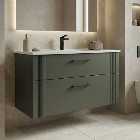 Meuble vasque suspendu 100 cm vert mat 2 tiroirs ONDIA (1/5)