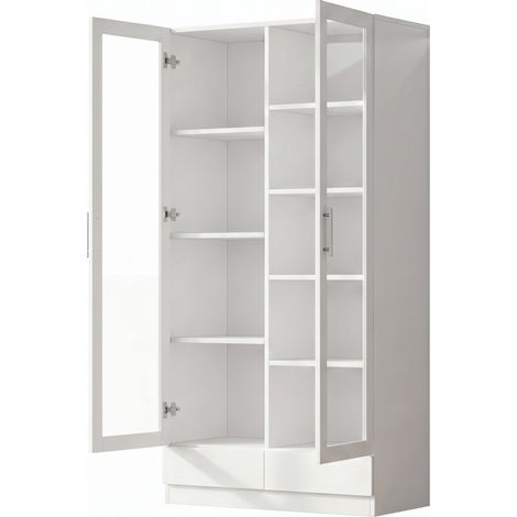 Armoire vitrée de bureau avec 2 tiroirs, en blanc, 80×40×160 cm, sécurisée anti-basculement (1/5)