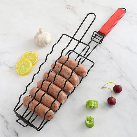 Grillkorb aus Edelstahl, für Hotdogs und Würstchen - Antihaftbeschichtung mit Verriegelungsgriff, perfekt zum Grillen von Fisch, Fleisch und Gemüse.
