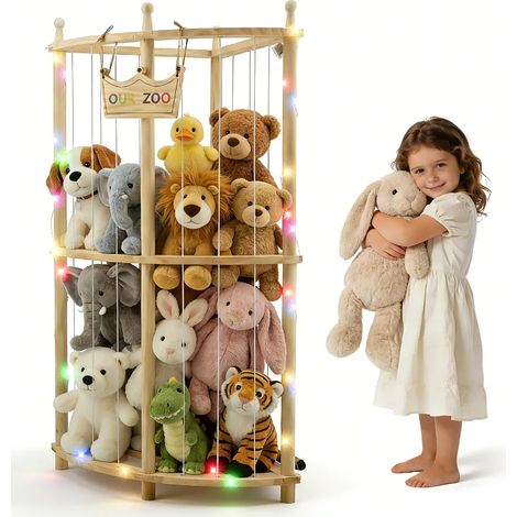 Rangement d’angle double en bois massif pour peluches avec LED, 96 x 44 x 44 cm, sans roues, structure robuste avec cordages élastiques, idéal pour chambre d’enfant, salle de jeux et salon