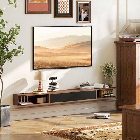 Meuble TV Suspendu, Meuble Télé pour Téléviseur jusqu'à 75 Pouces, Tiroir Rabattable, 2 Étagères, 180x24x16cm, Noyer (1/5)