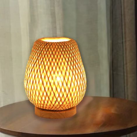 Lampada da tavolo in bambù intrecciato a mano, stile rustico creativo, paralume in bambù a doppio strato, 23 x 30 cm
