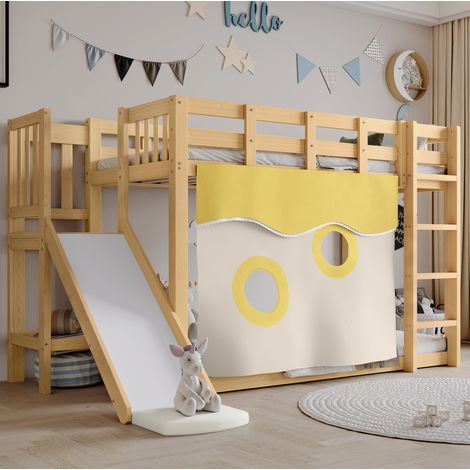 Litera infantil de madera natural 90x200 cm con escalera, tobogán, cortinas y somier incluido (1/5)
