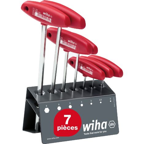 Wiha Jeu de clés mâles avec manche en T six pans 7 pièces I Avec support d’établi I Nickelé brillant I Jeu de clés mâles avec manche en T (00953) (1/5)