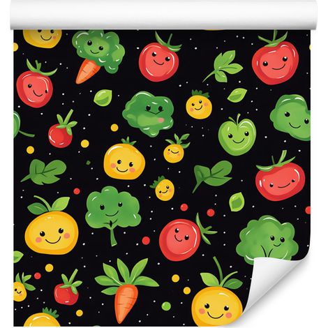 Carta da parati Kawaii con verdure in bianco e nero e verde per soggiorno e camera da letto, 50x1000 cm (1/4)