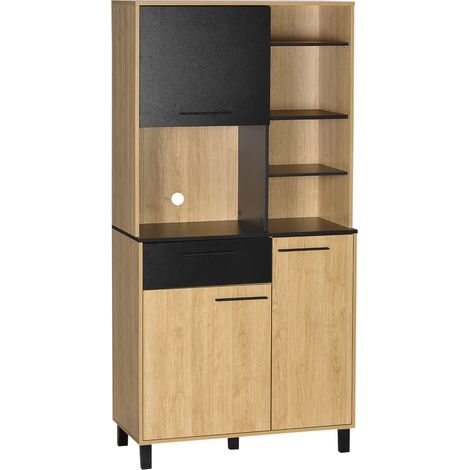 Armoire cuisine multi-rangements avec tiroir 3 placards 4 niches passe-câbles noir bois naturel H180 cm