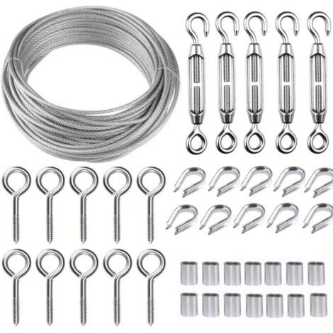 Kit de câble métallique en acier inoxydable de 30 m/2 mm avec tendeur de fil robuste M5, kit de rouleau de fil de clôture, kit de garde-corps de câble, tendeurs de fil de jardin pour plantes grimpante (1/5)