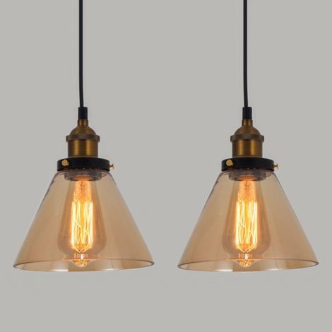 Lot de 2 Suspension Luminaire Industrielle Vintage Plafonniers Lustre Edison Lampe Suspensions Verre Ambre A