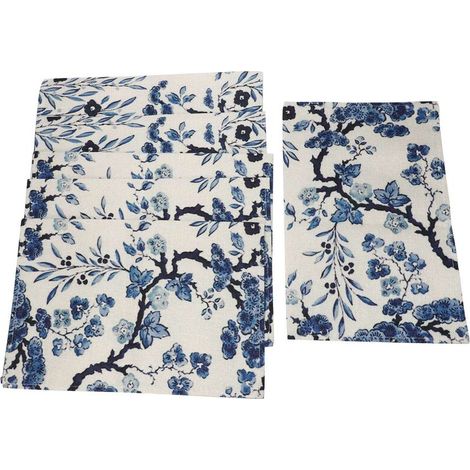 Ensemble de 6 pièces à imprimé floral bleu et blanc : sets de table, sous-verres, napperon, base isolante. (1/5)