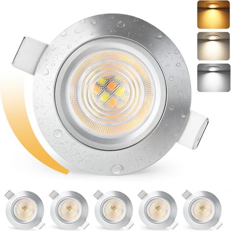 Lot de 6 spots LED encastrables - 230 V - Intensité variable - 60-70 mm - 5 W - 550 lm - 3000 K/4000 K/6500 K - IP44 - Pour salle de bain et salon - En aluminium brossé - Non rotatifs (1/5)
